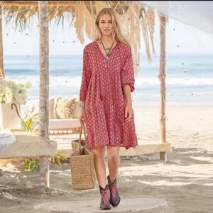 Scandal Italy dress cotton babydoll resort vacation gold pink print size S